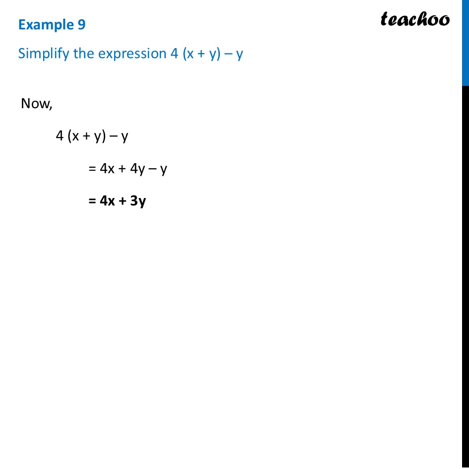 Simplify the expression 4 (x + y) – y [Ganita Prakash] - Teachoo - Simplification of Algebraic Expressions