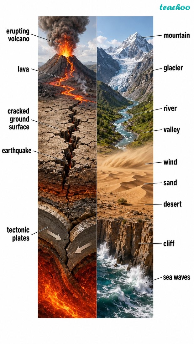 Split visual comparing internal forces (plate movement, earthquake, volcano) and external forces (running water, wind, waves, glaciers) that change the Earth’s surface; no text.