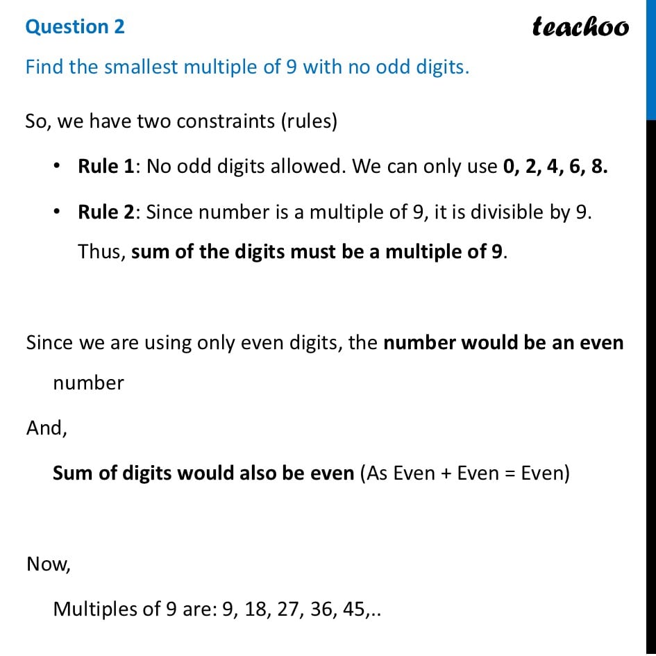 Find the smallest multiple of 9 with no odd digits [Ganita Prakash] - Figure it out - Page 126