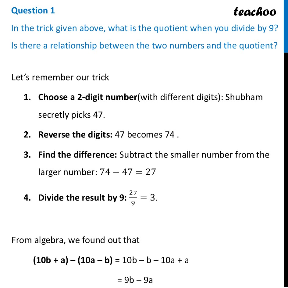In the trick given above, what is the quotient when you divide by 9? - Figure it out - Page 145-147