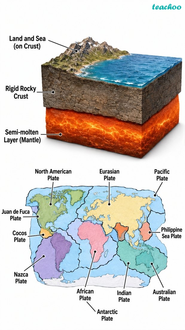 Fig. 2.3 — World map of major tectonic plates, suitable for a Class 9 textbook, with continents and plate regions clearly visible.