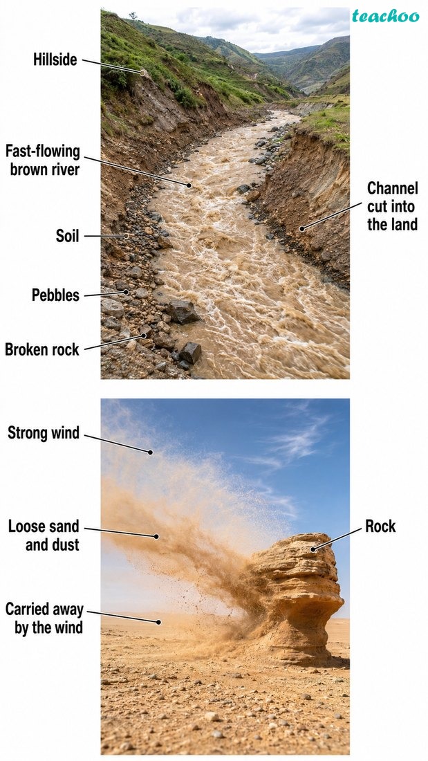 Fig. 2.9 — Erosion caused by water and wind, showing how running water and wind carry away weathered material.