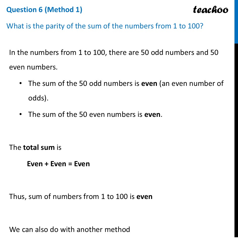 What is the parity of the sum of the numbers from 1 to 100? - Teachoo - Figure it out - Page 143, 144