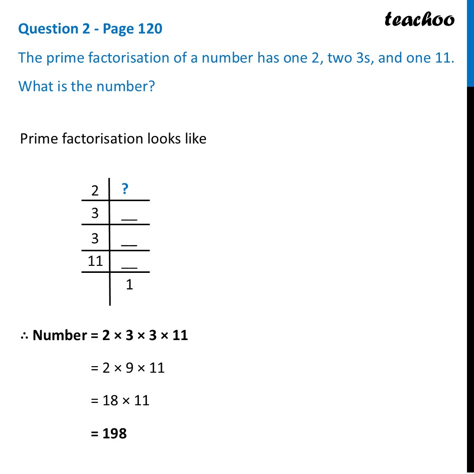 The prime factorisation of a number has one 2, two 3s, and one 11. - Prime Factorisation