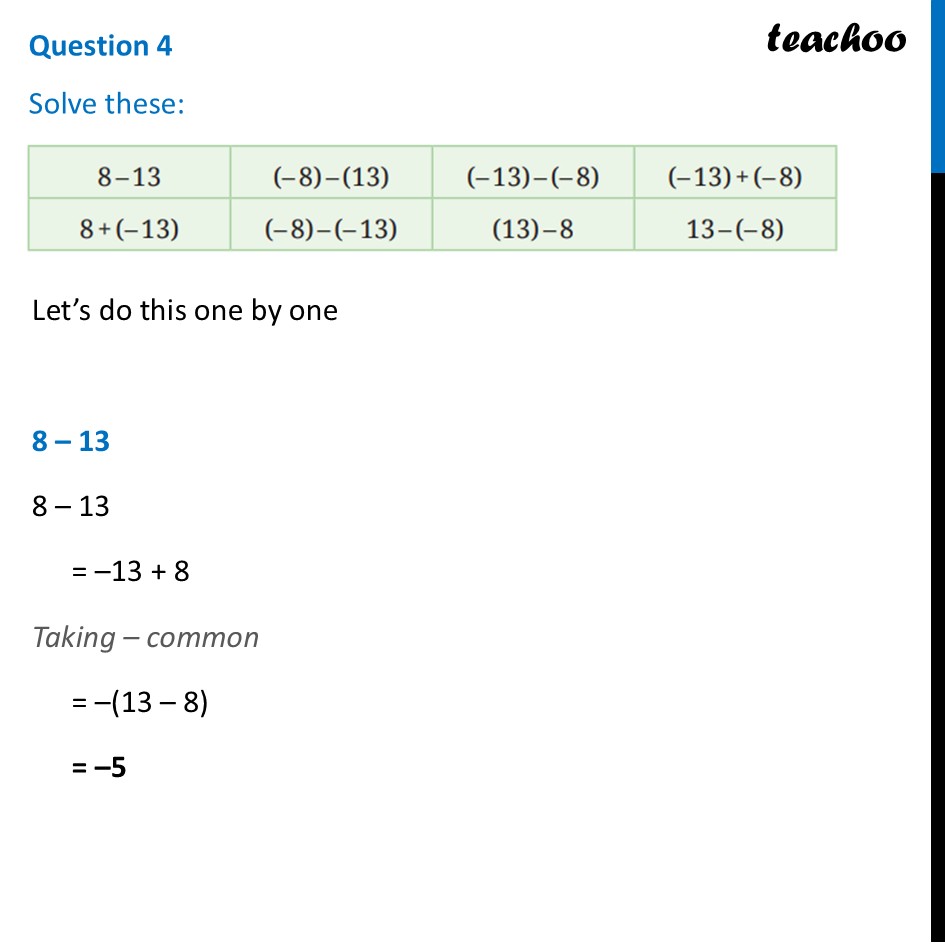 Solve these: 8 – 13, (– 8) – (13), (– 13) – (– 8), (– 13) + (– 8) - Figure it out - Page 265, 266