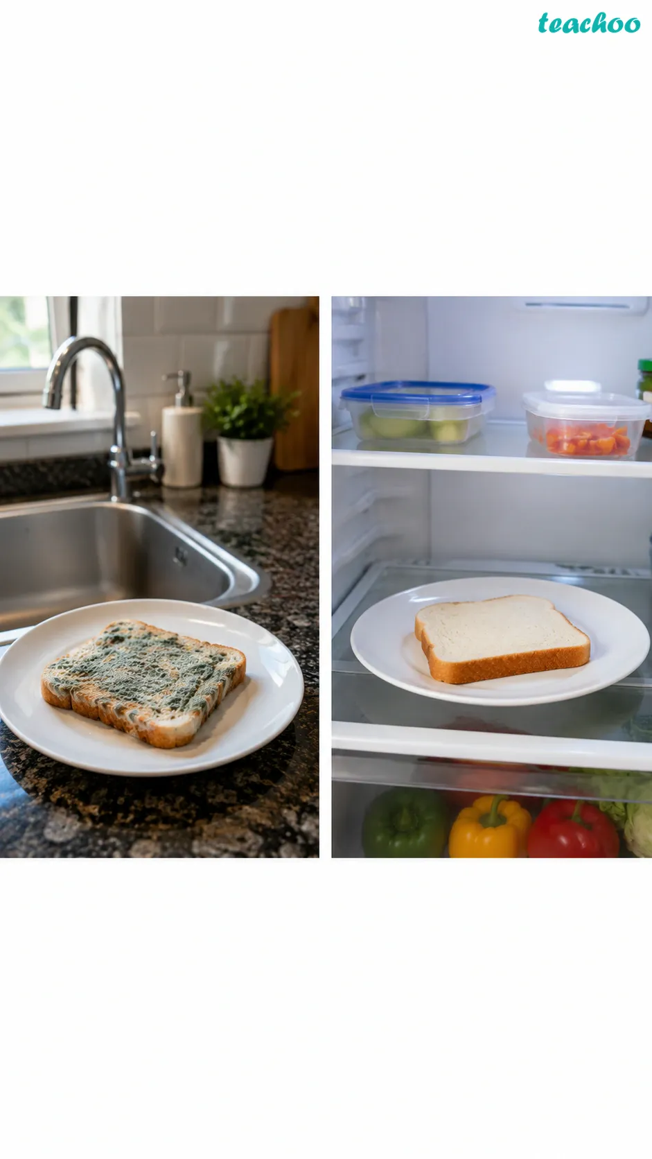 Image: Two bread slices after three days - one left on a plate near the sink covered with fuzzy mould, and one kept in the refrigerator still looking fresh