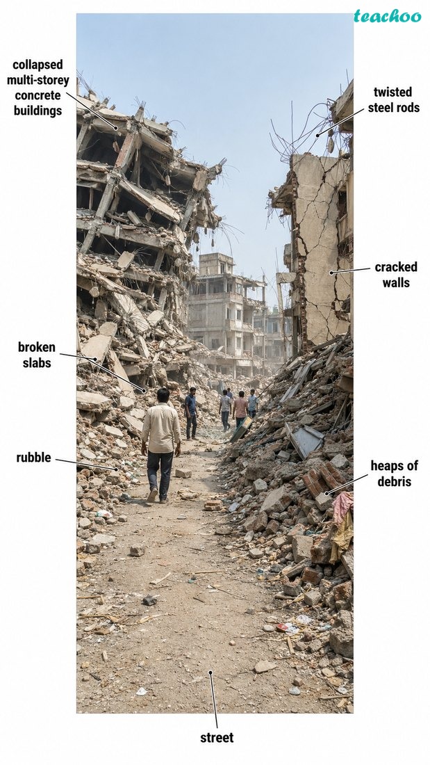Fig. 2.5 — Photograph-style educational image of the Gujarat earthquake aftermath, showing building damage and destruction.