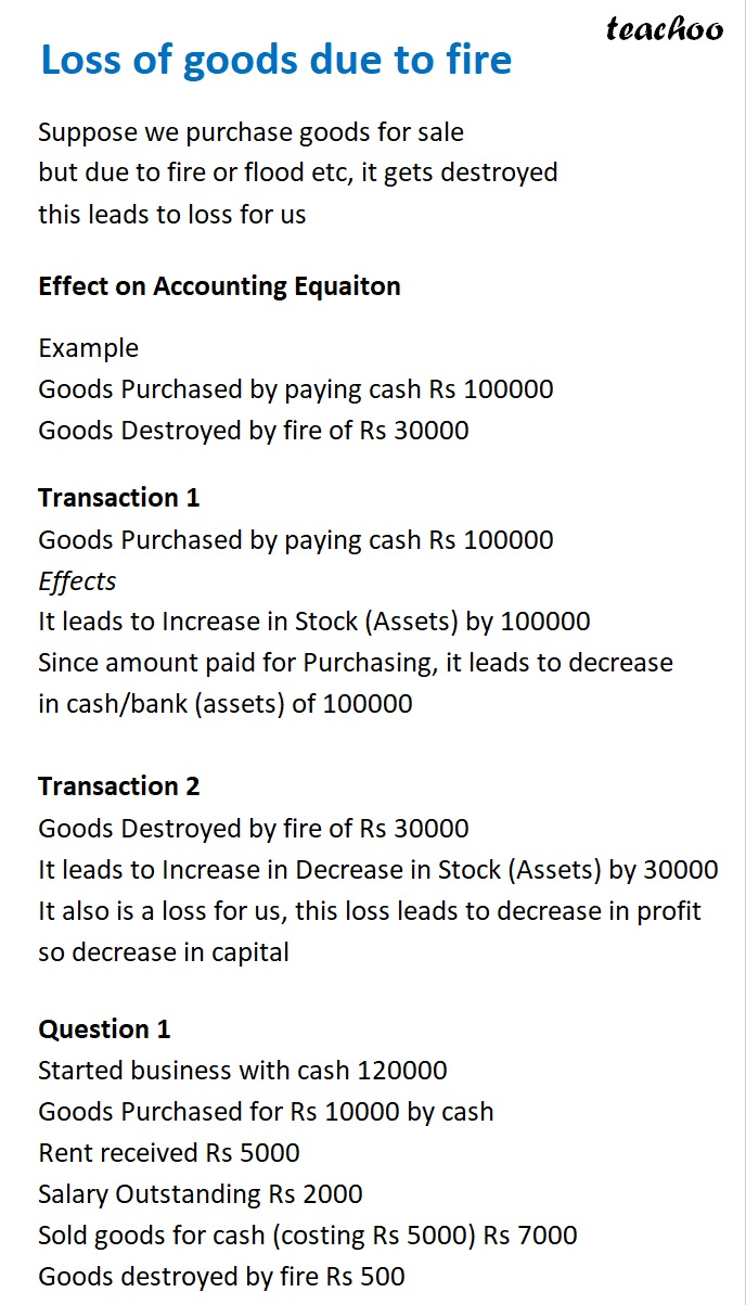 Loss of Goods Due to Fire [Class 11 Accounting Equation] - TS Grewal - Chapter 5 - Accounting Equation