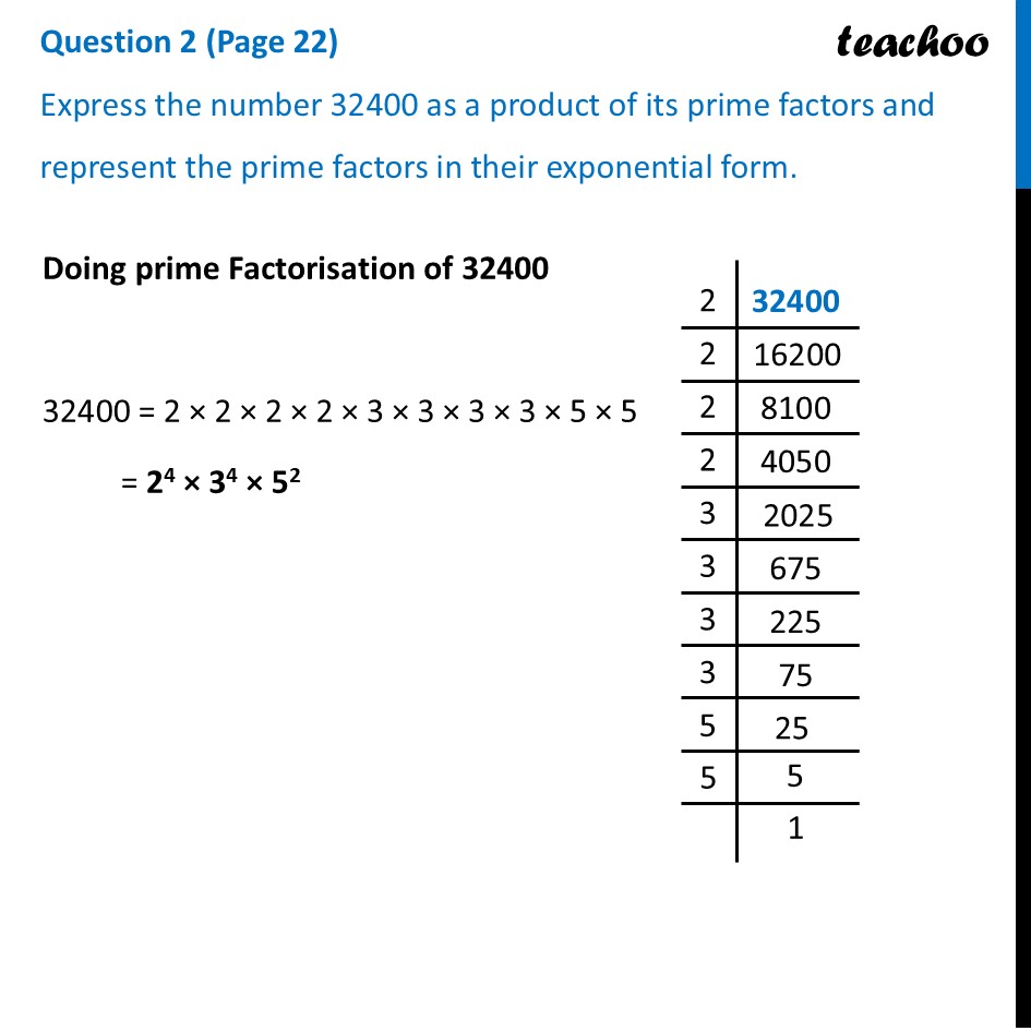 Express the number 32400 as a product of its prime factors & represent - Exponential Notation and Operations