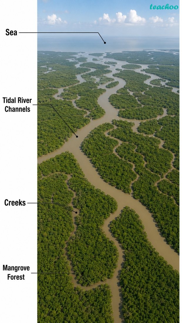 Fig. 2.13 — The Sundarbans delta shown as a real-world delta landscape with distributaries and low-lying land.