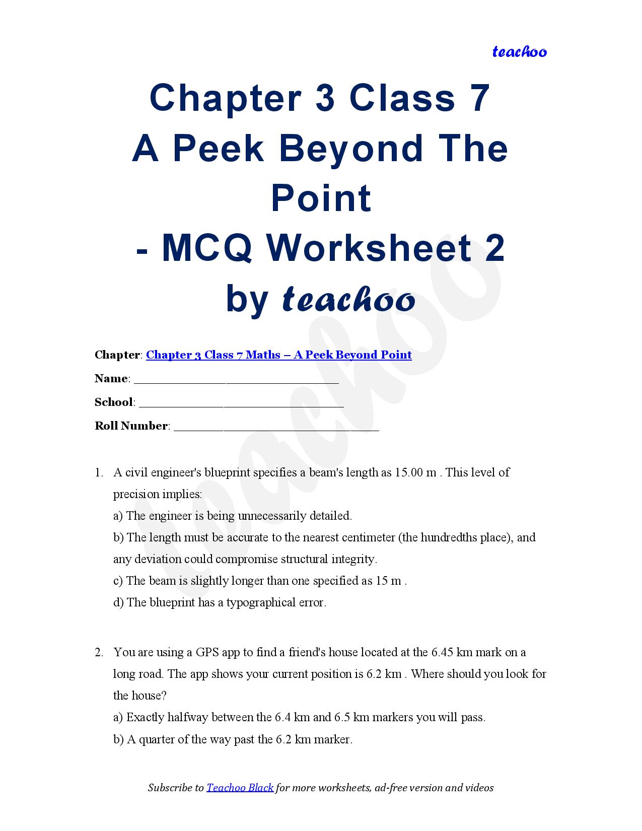 MCQ Questions Worksheet  – Class 7 Maths - A Peek Beyond The Point - Teachoo Questions - MCQs