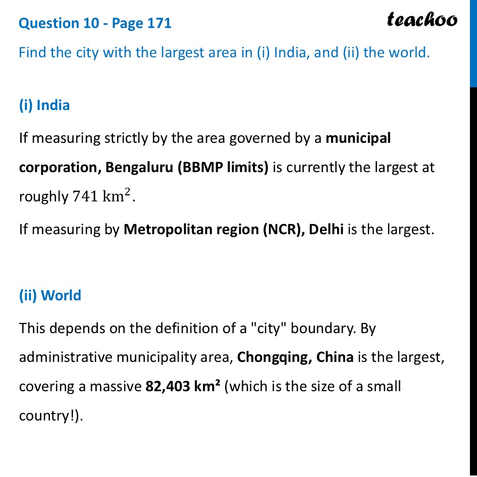 Find the city with the largest area in (i) India, and (ii) the world - Areas in Real Life
