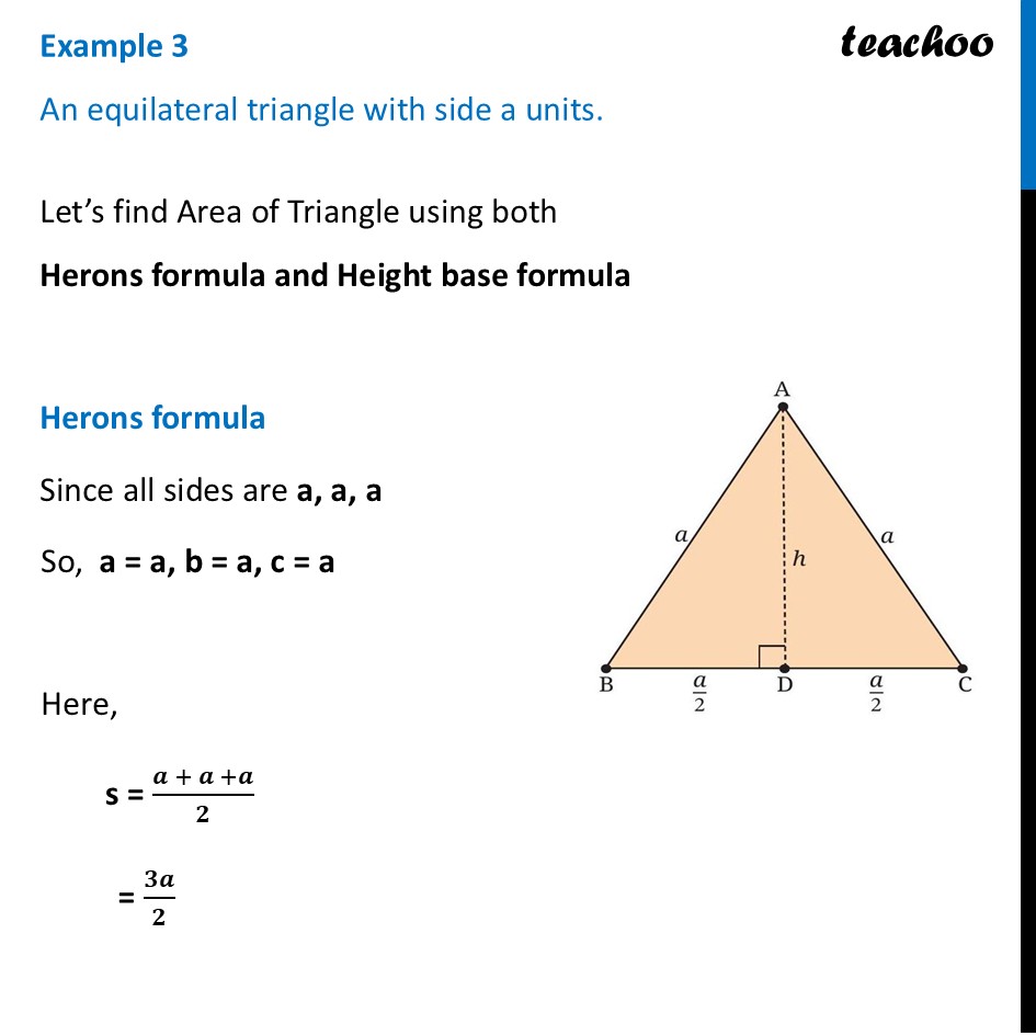 [Class 9 Maths] Find area of equilateral triangle with side a units - Heron's Formula