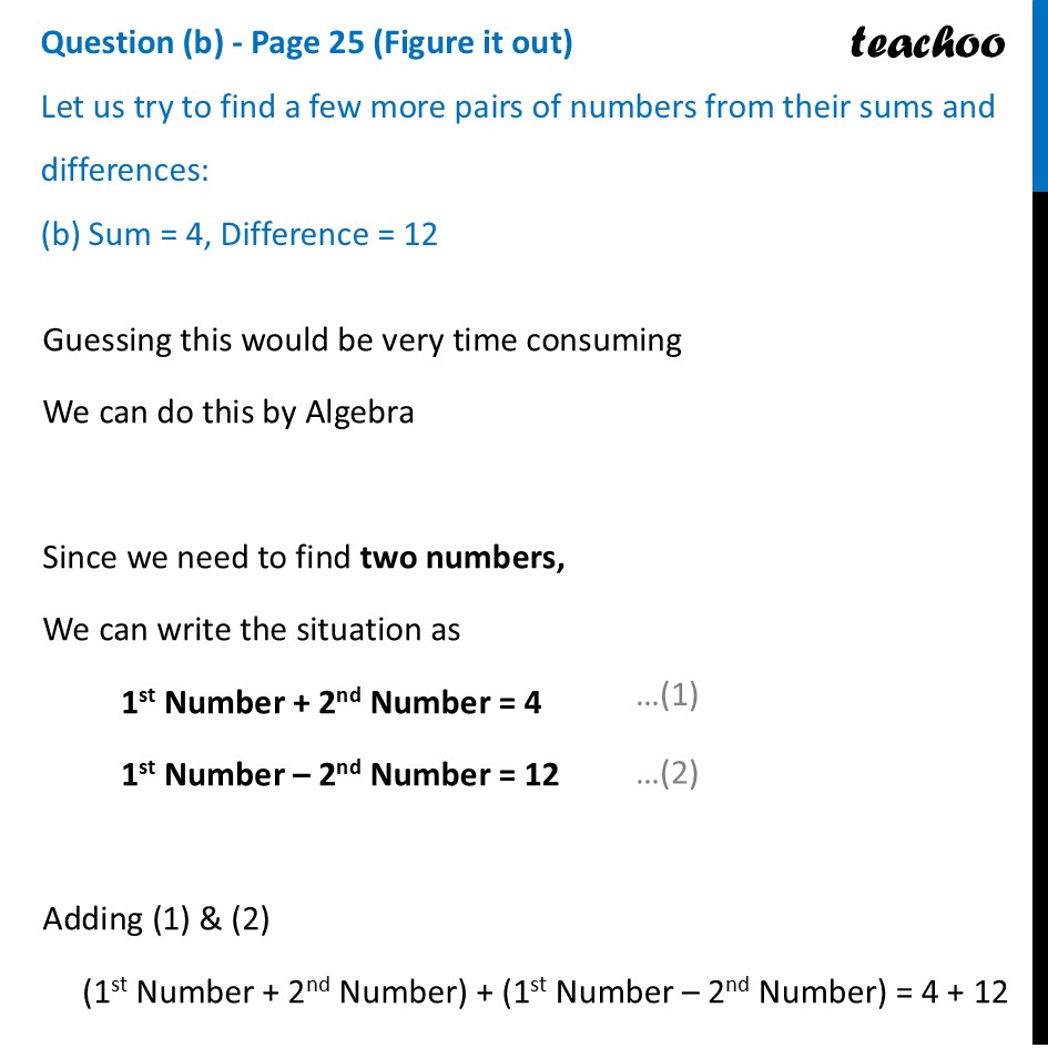Find a few more pairs of numbers from their Sum = 4, Difference = 12 - Quick Recap on Intergers