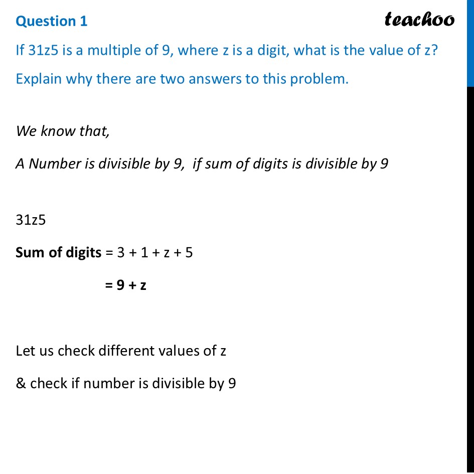 If 31z5 is a multiple of 9, where z is a digit, what is the value of z - Figure it out - Page 132, 133, 134