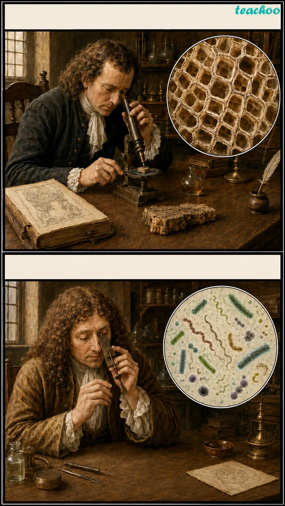 Image: A curved glass lens shaped like a lentil seed and a magnifying glass making small letters look bigger, leading to the invention of the microscope
