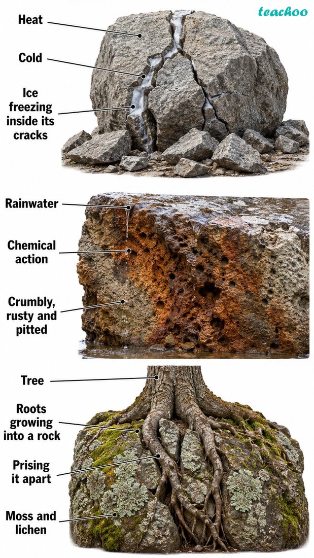 Fig. 2.8 — Types of weathering shown together: physical weathering, chemical weathering and biological weathering.