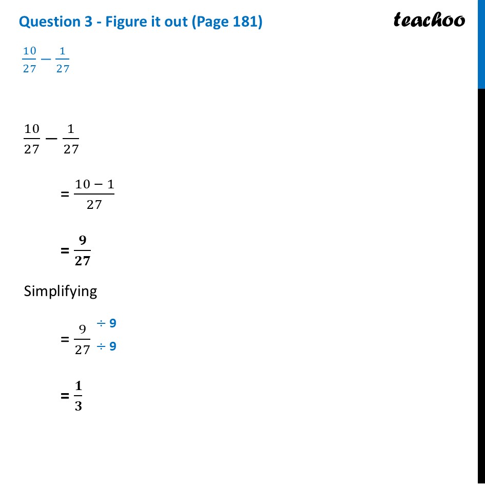 Subtract Fractions 10/27 – 1/27 - (Class 6 Maths Fractions) - Subtraction of Fractions