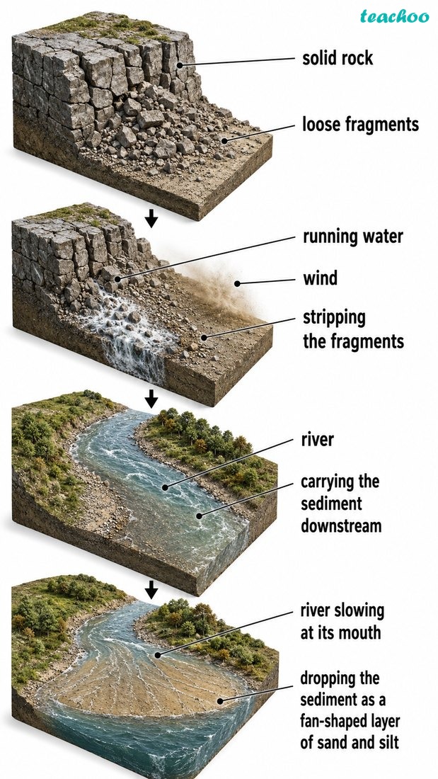 Full breaking-down cycle shown as one visual sequence: weathering breaks rock, erosion removes it, transport carries it and deposition drops it elsewhere; no text.