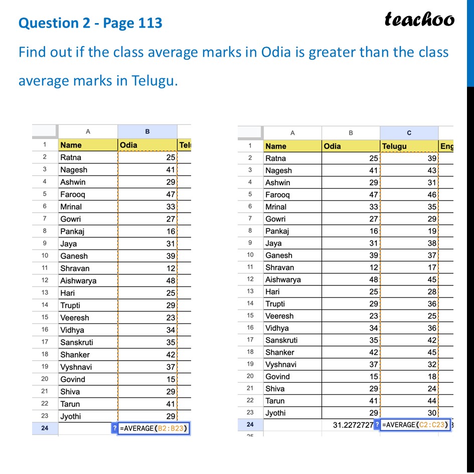 Find out if the class average marks in Odia is greater than the class - Spreadsheets