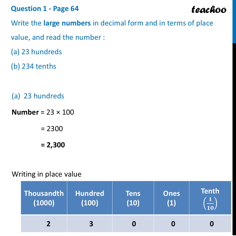 Write the large numbers in decimal form and in terms (a) 23 hundreds - Reading and Writing Decimals