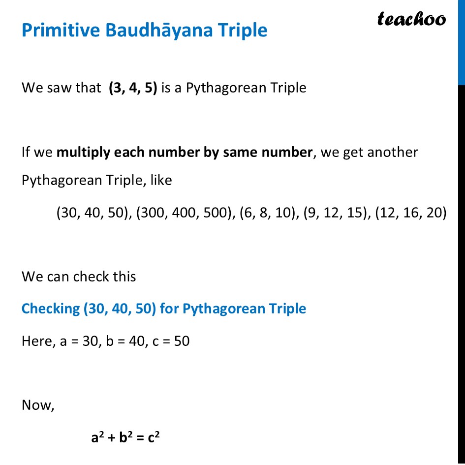 Primitive Baudhāyana Triple - Definition + Examples - Class 8 Maths - Pythagorean triples