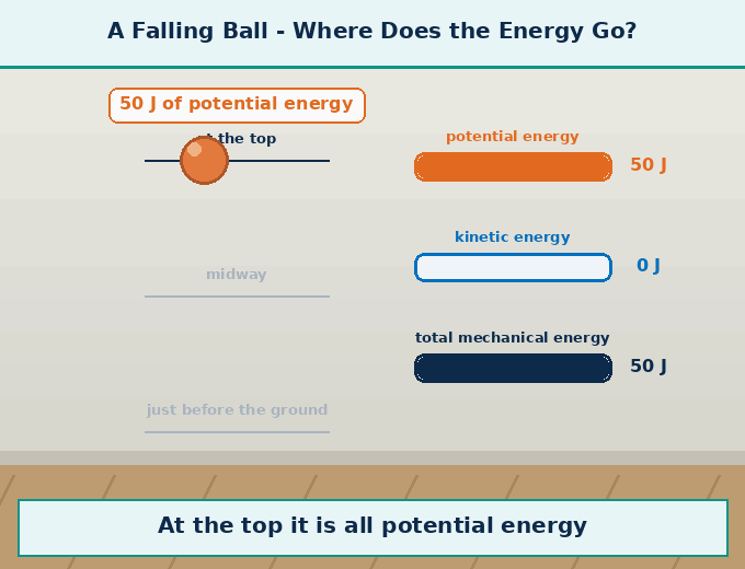 Animation for "How do we show this with formulas? (Falling object)". A short looping GIF, three or four beats, drawn in the flat classroom style of the chapter. Beat 1 — Suppose an object of mass m is lifted to point A at height h and dropped. Beat 2 — Its initial velocity u = 0. Beat 3 — After falling for time t, it reaches point B. Label every arrow and quantity, name the direction each force or motion acts in, and hold the last frame for a moment before the loop starts again.