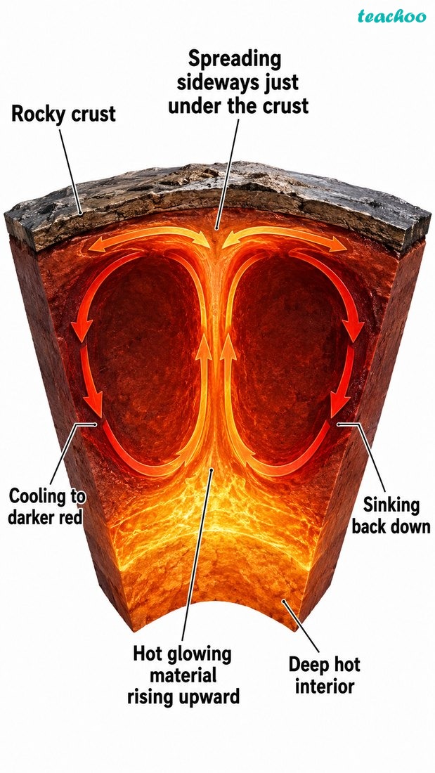 Fig. 2.2 — Movement below the crust driven by mantle convection currents, with hot material rising and cooler material sinking; no extra text inside the image.