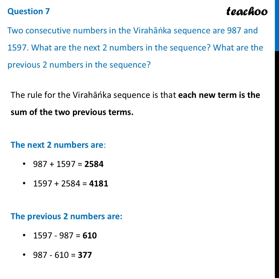 [Class 7] Two consecutive numbers in Virahāṅka sequence are 987 & 1597 - Figure it out - Page 143, 144