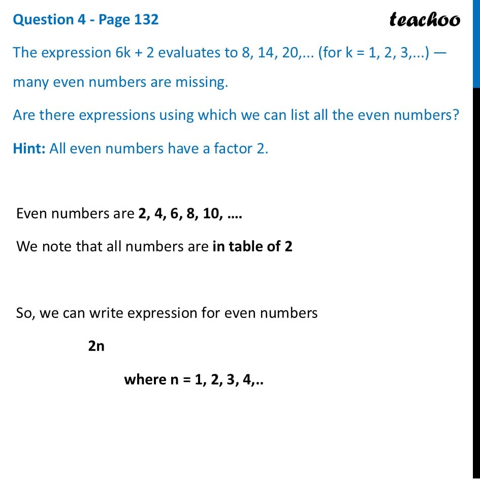 The expression 6k + 2 evaluates to 8, 14, 20,... (for k = 1, 2, 3,...) - Parity of Expressions