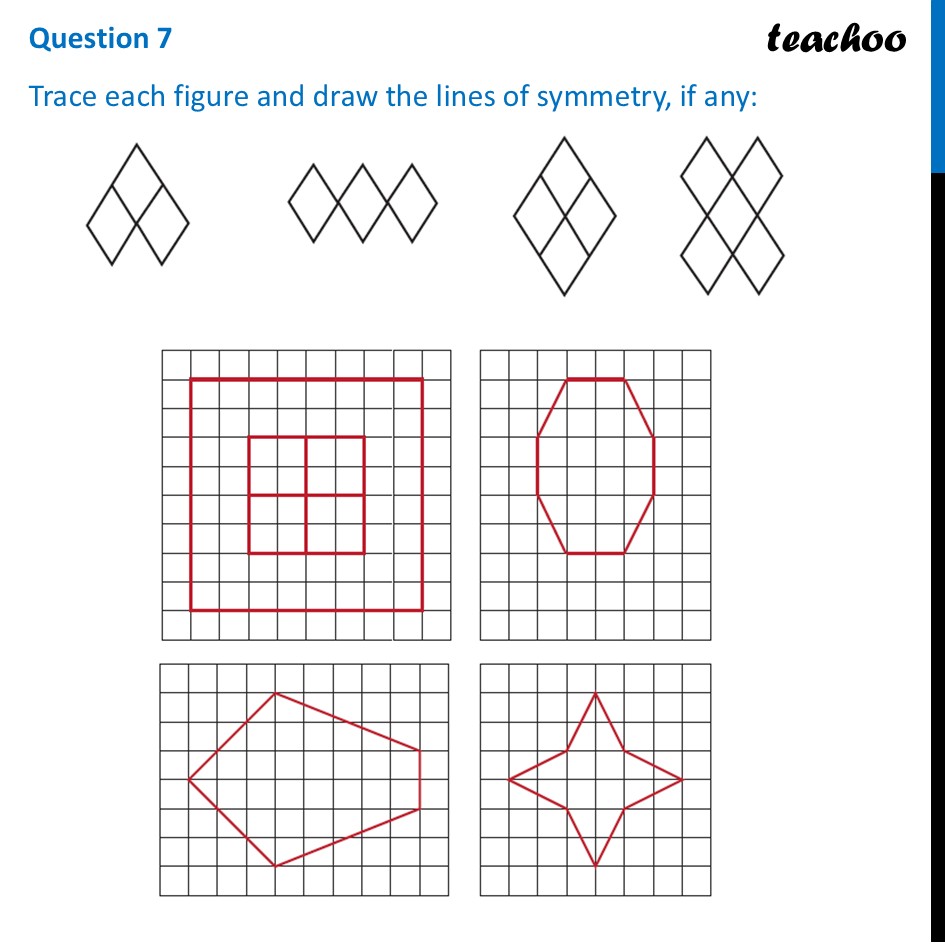 [Class 6] Trace each figure and draw the lines of symmetry, if any: - Figure it out - Page 224 - 229