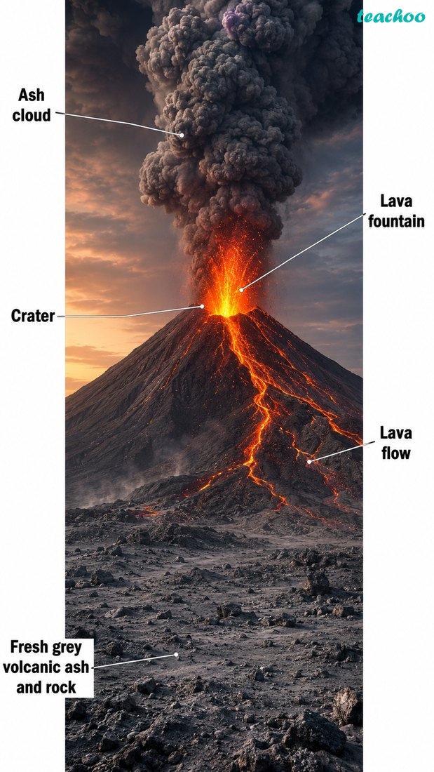 Fig. 2.6 — Educational image of a volcanic eruption, including lava, ash and deposited volcanic material on the surrounding land.
