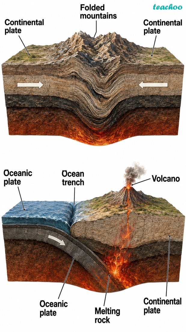 Convergent collisions shown in two common cases: continent–continent collision forming fold mountains, and ocean–continent collision showing subduction, volcanoes and earthquakes; no text.