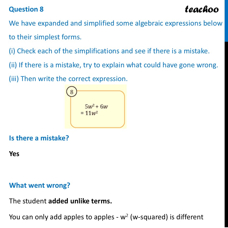 [Class 8 Maths] Write the correct expression - 5w2 + 6w = 11w2 - Mind the Mistake, Mend the Mistake