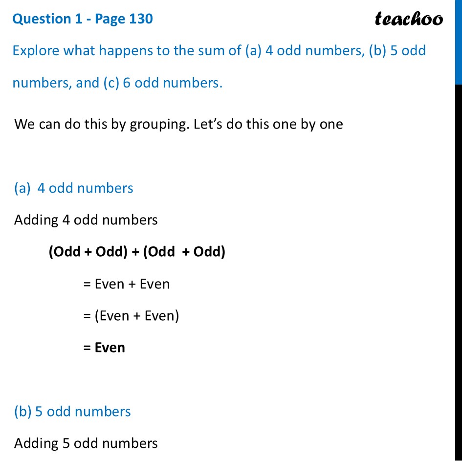 Explore what happens to the sum of (a) 4 odd numbers, (b) 5 odd - Parity