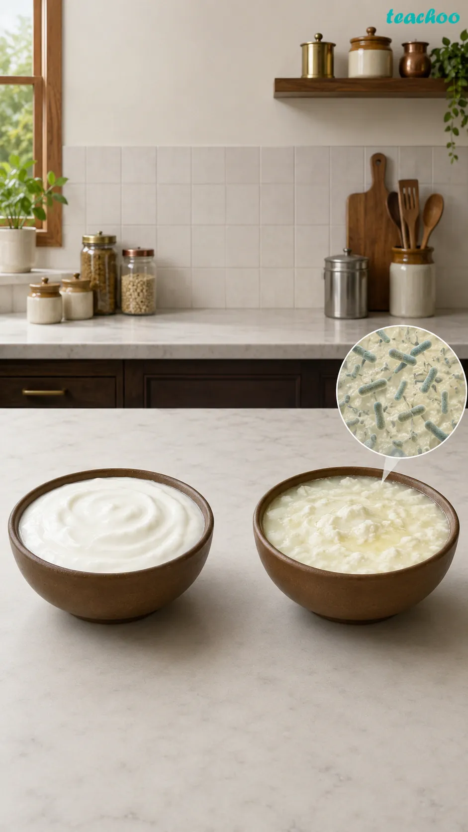 Image: A bowl of fresh curd beside the same bowl left out for a day, with many Lactobacillus bacteria multiplying and making the curd more sour