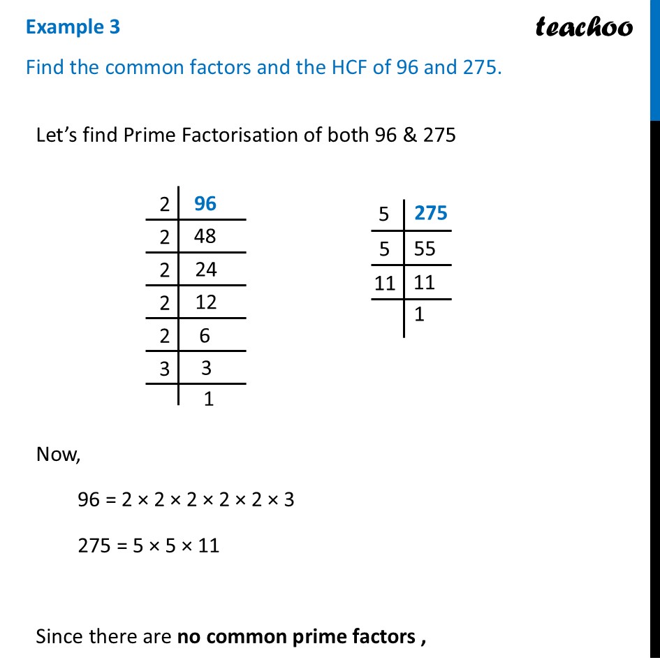 Find the common factors and the HCF of 96 and 275 [Class 7 Part 2] - Finding HCF using Prime Factorisation