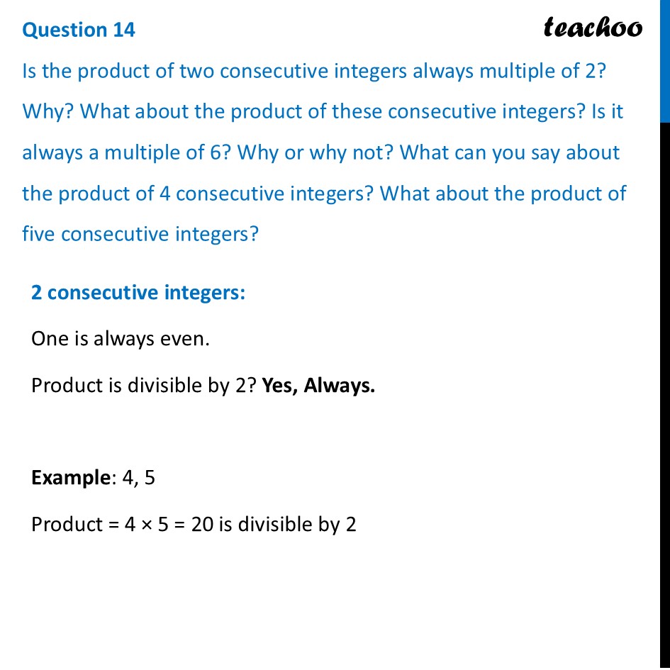 Is the product of two consecutive integers always multiple of 2? Why? - Figure it out - Page 132, 133, 134