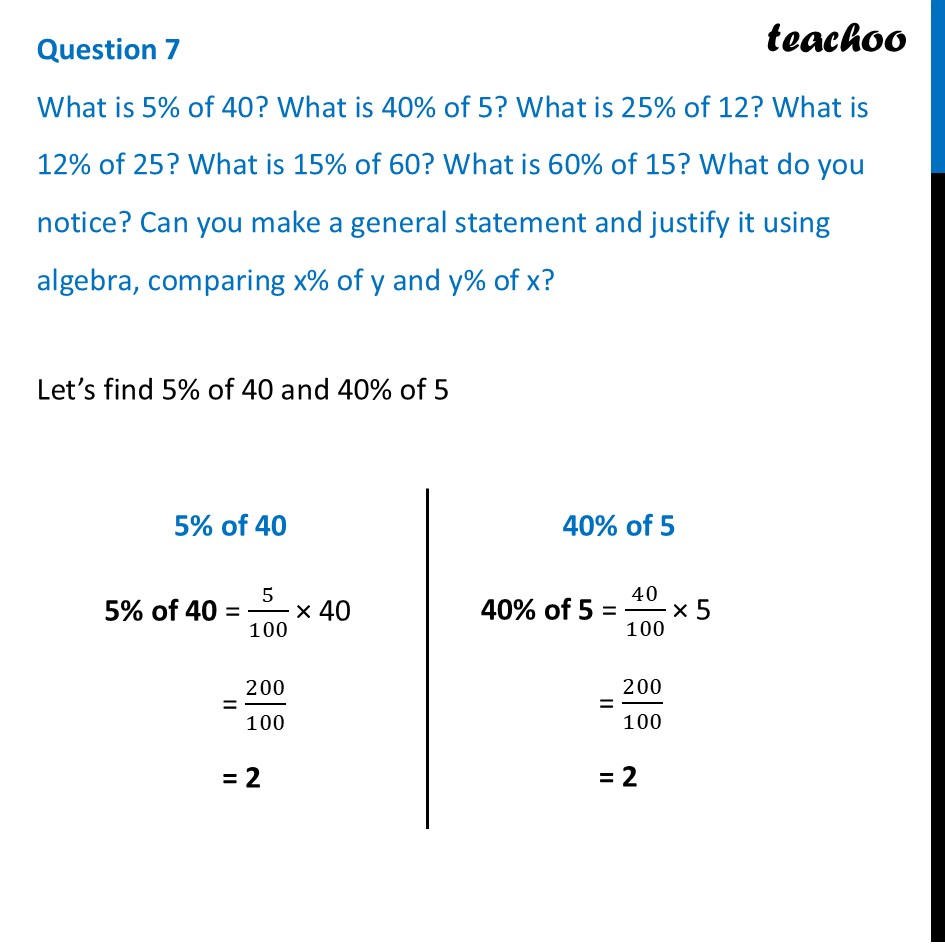 What is 5% of 40? What is 40% of 5? What is 25% of 12? What is 12% of - Figure it out - Page 28, 29, 30