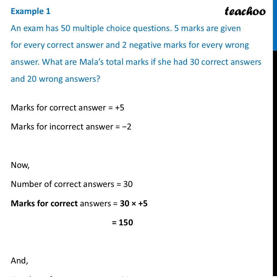 An exam has 50 multiple choice questions. 5 marks are given for every - Brahmagupta’s Rules for Multiplication and Division of Integers