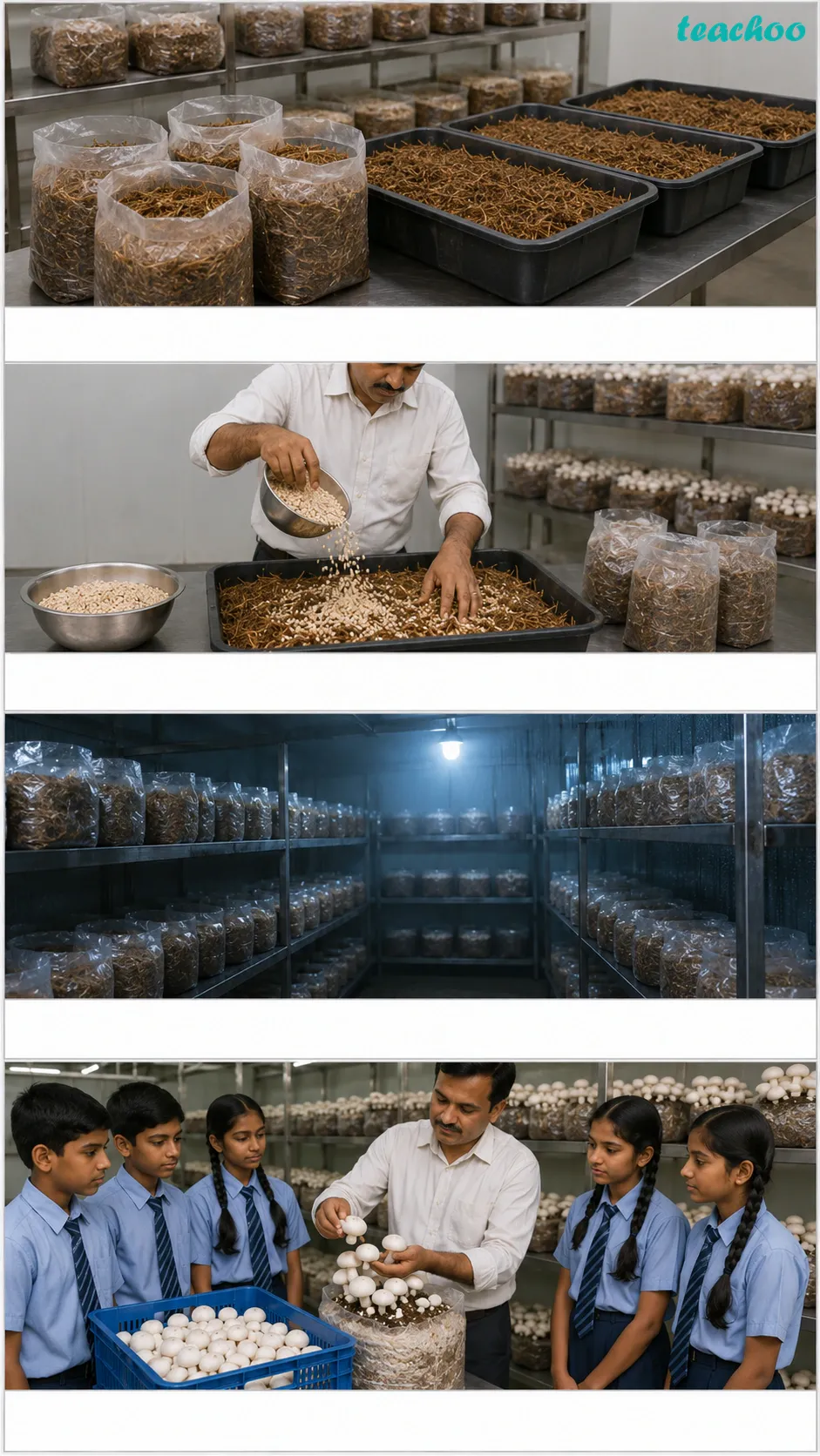 Image: Steps of mushroom cultivation - preparing moist straw or compost, adding mushroom spawn, keeping it in a cool dark humid place, and harvesting grown mushrooms