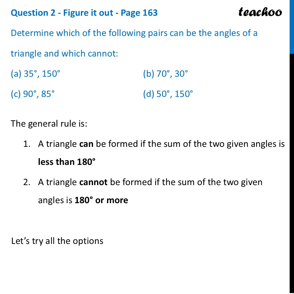 Determine which of the following pairs can be the angles of a triangle - Do triangles always exist?