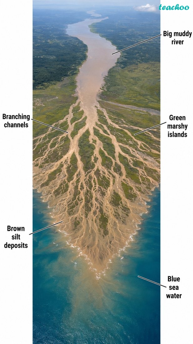 Fig. 2.12 — Delta shown at a river mouth where the river enters the sea and deposits sediment.