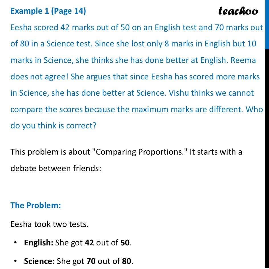 Eesha scored 42 marks out of 50 on an English test and 70 marks out - Comparing Proportions using Percentage