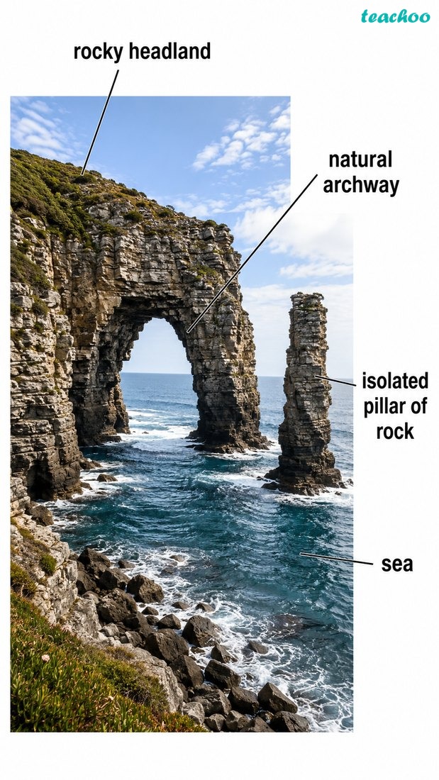 Fig. 2.15 — Sea arch and sea stack shown together along a rocky coast.