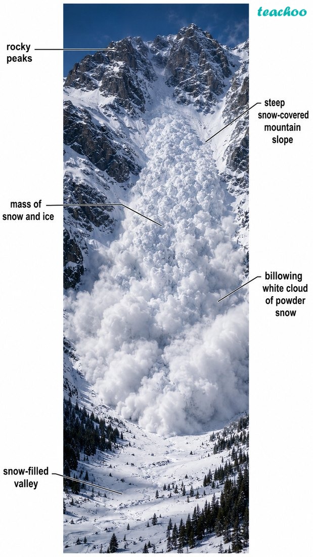 Fig. 2.28 — Avalanche shown as snow and ice rushing rapidly down a mountain slope.