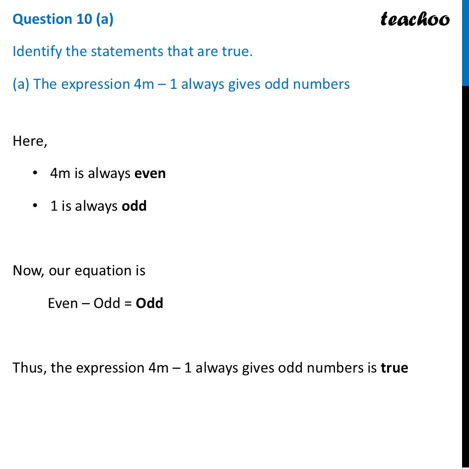 Identify the statements that are true (a) The expression 4m – 1 always - Figure it out - Page 143, 144