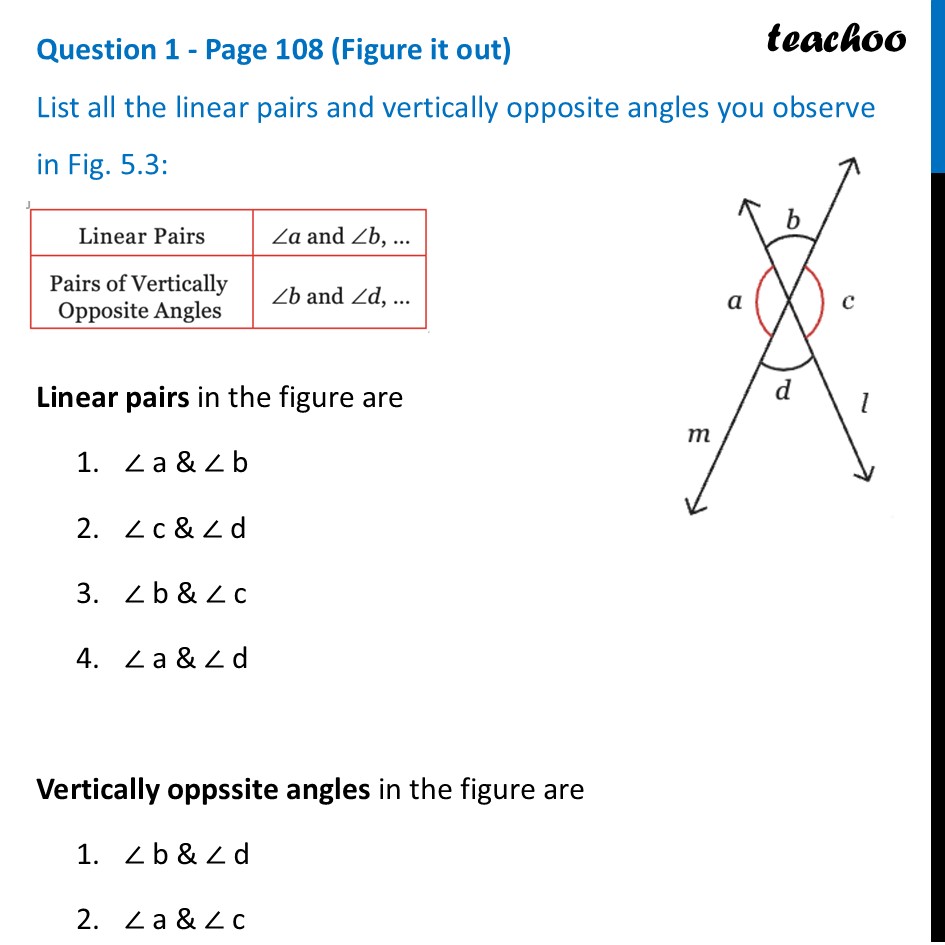 List all the linear pairs and vertically opposite angles you observe - Intersecting Lines