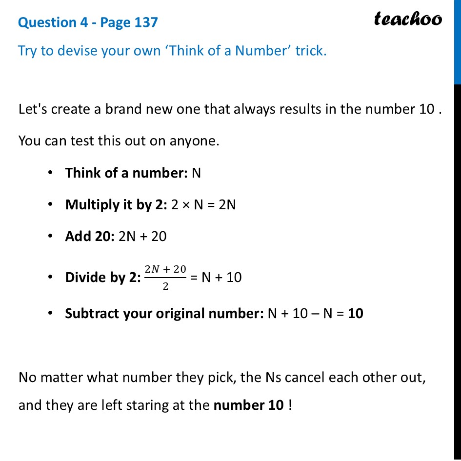 [Class 8 Maths] Try to devise your own ‘Think of a Number’ trick. - ‘Think of a Number’ Tricks
