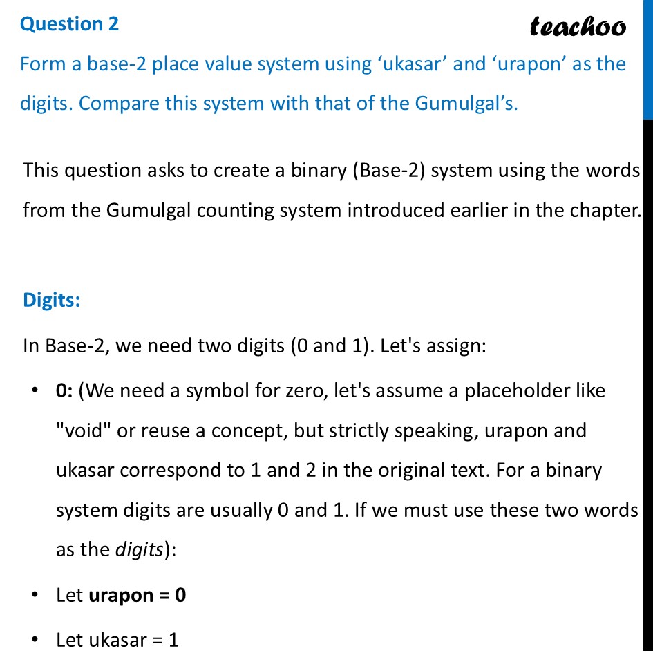 Form a base-2 place value system using ‘ukasar’ and ‘urapon’ as the - Figure it out - Page 80